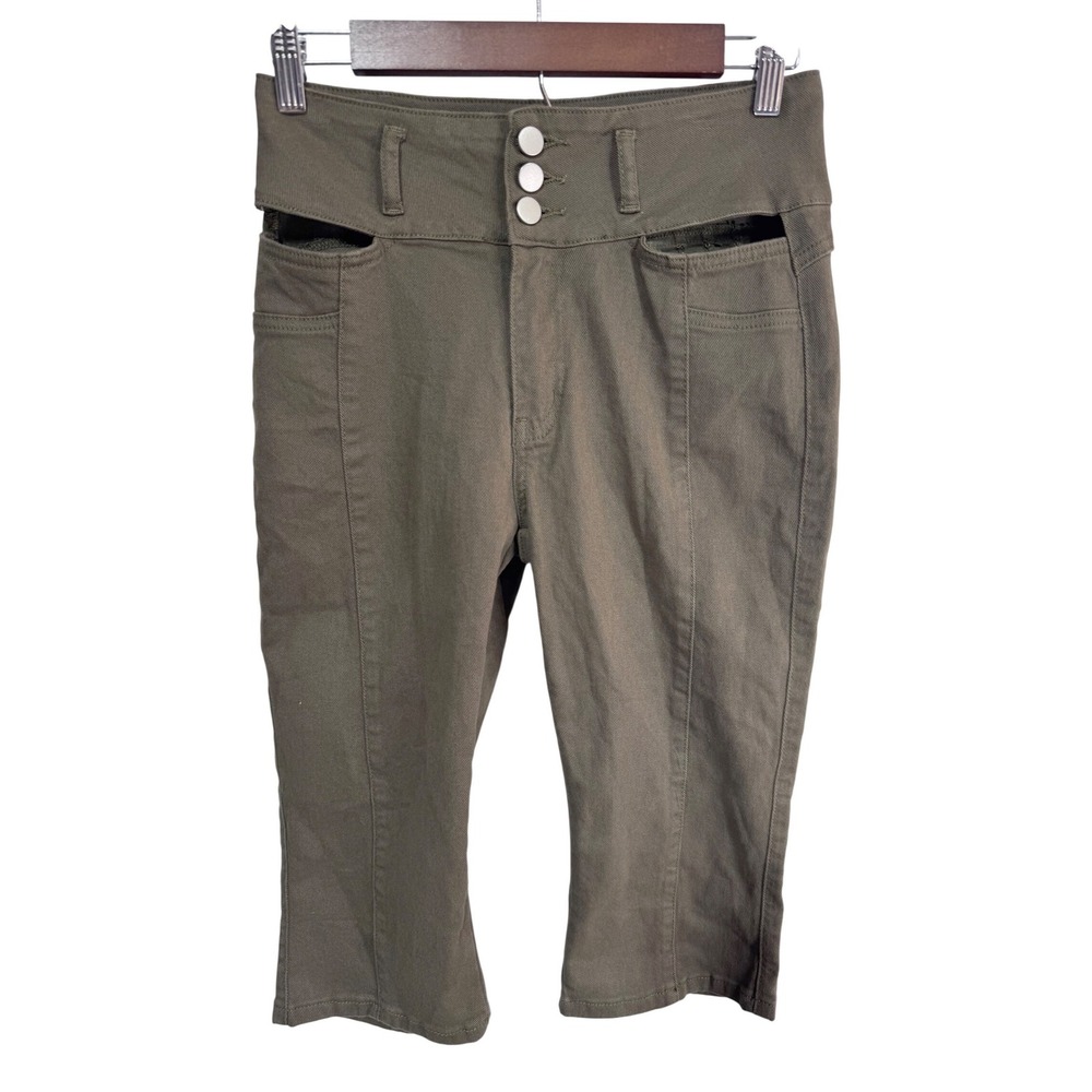 Flamingo Women's M Olive High Rise Capri Pants Button Front Stretch Cut Out